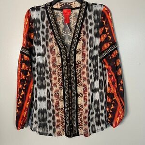 V Cristina Womens Sheer Tribal Leopard Print Beaded Blouse M orange boho NWT